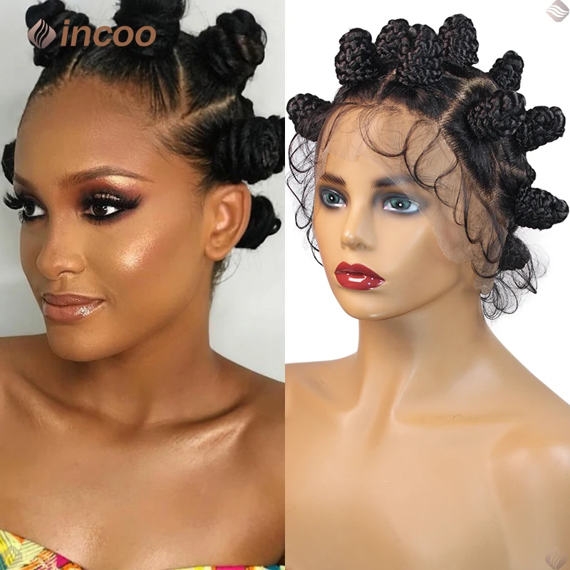 Bantu Knots Full Lace Synthetic Braided Wigs For Black Women Short Wig Box Braids Hair Wig Braid African Female Lace Braided Wig