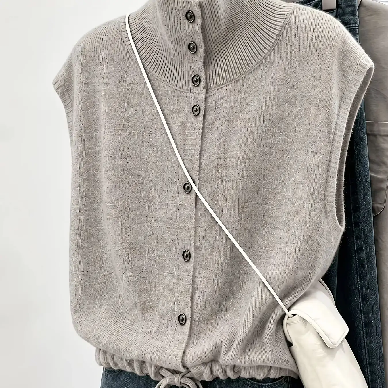 Women's Vintage Button High‑Neck Knit Vest, Autumn Winter Solid‑Color Versatile Drawstring Waist Sleeveless Knitted Tank Top, Ne