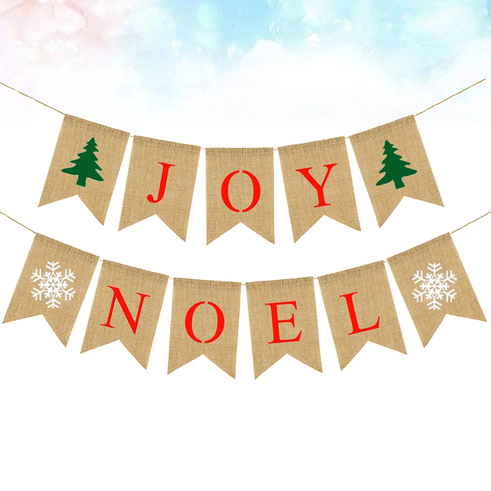 

Christmas Party Burlap Banner Set Snowflake Tree Print Garland Bunting Linen Decorative Flag Reusable Fireplace Wall Hanging