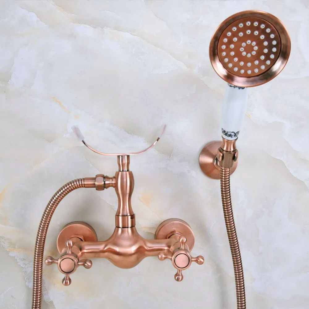 

Antique Red Copper Wall Mounted Bathtub Faucet with Handheld Shower Set +150CM Hose Mixer Tap 2na346