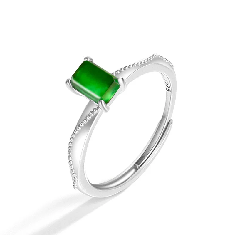 

S925 Silver Natural A-grade Jade Yang Green Small Square Sugar Saddle Ring Ice Seed Jadeite Fashion Jewelry For Women's Gifts