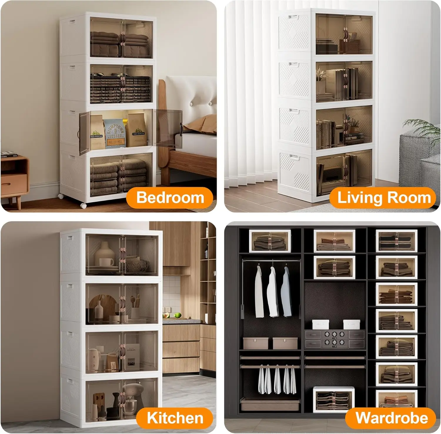 Folding Storage Bins Organizer, Collapsible Storage Boxes with Wheels and Door, Stackble Plastic Storage Container for Clothing