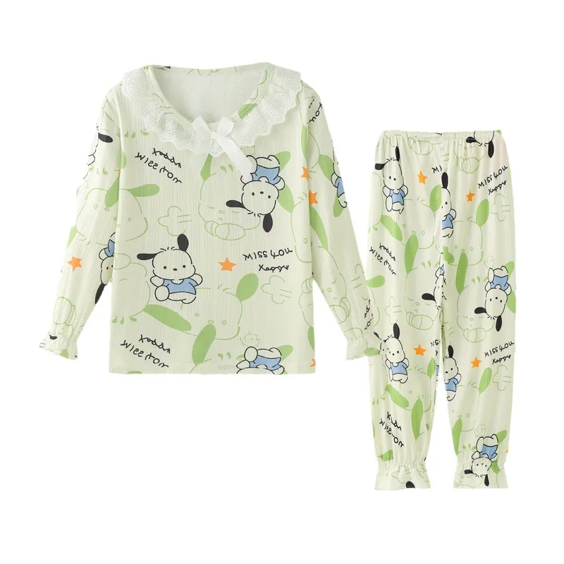 2024 New Sanrio Kuromi Stitch Hello Kitty Pajamas Set Girl Clothes Pants Tops Children Sleepwear Home Blue Loungewear Family