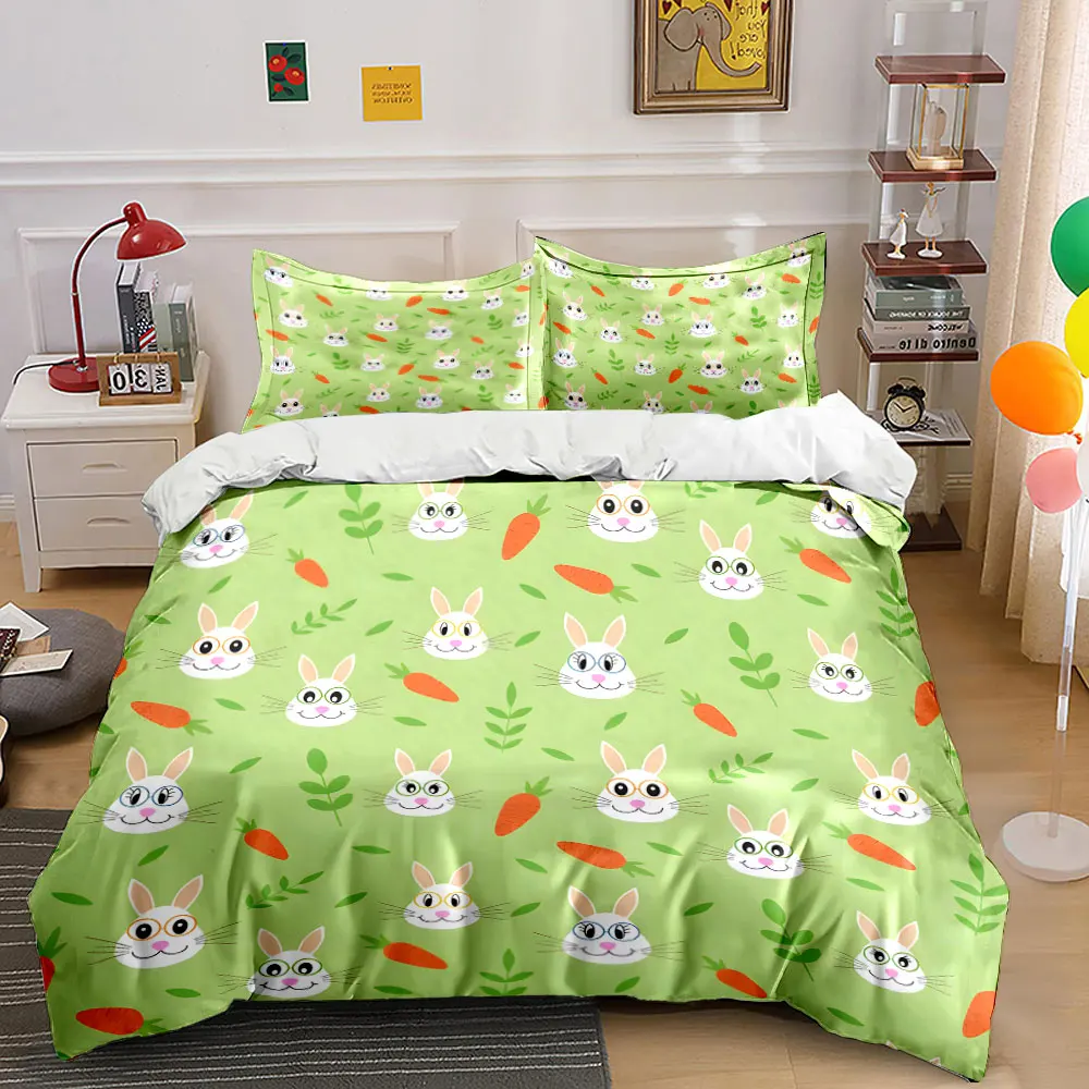 Cute bunny heads with carrots background Printed Duvet Cover Set1 Duvet Cover+2 PillowcaseMulti Size Bedroom Bedding Decor