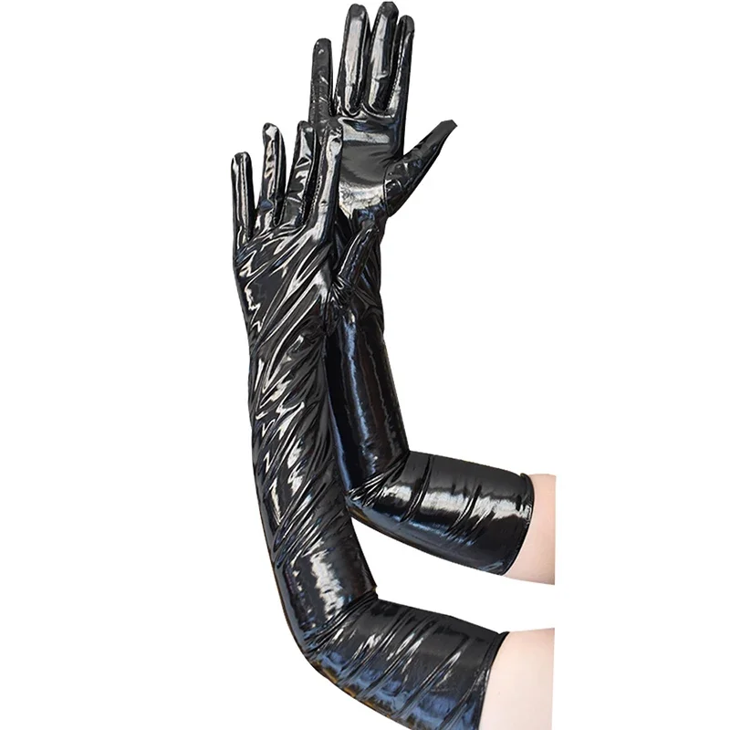 1 Pair Adult Long Black Patent Leather Gloves Punk Mitten Tight Gloves Clubwear Cosplay Dance Party Stage Costume Accessories