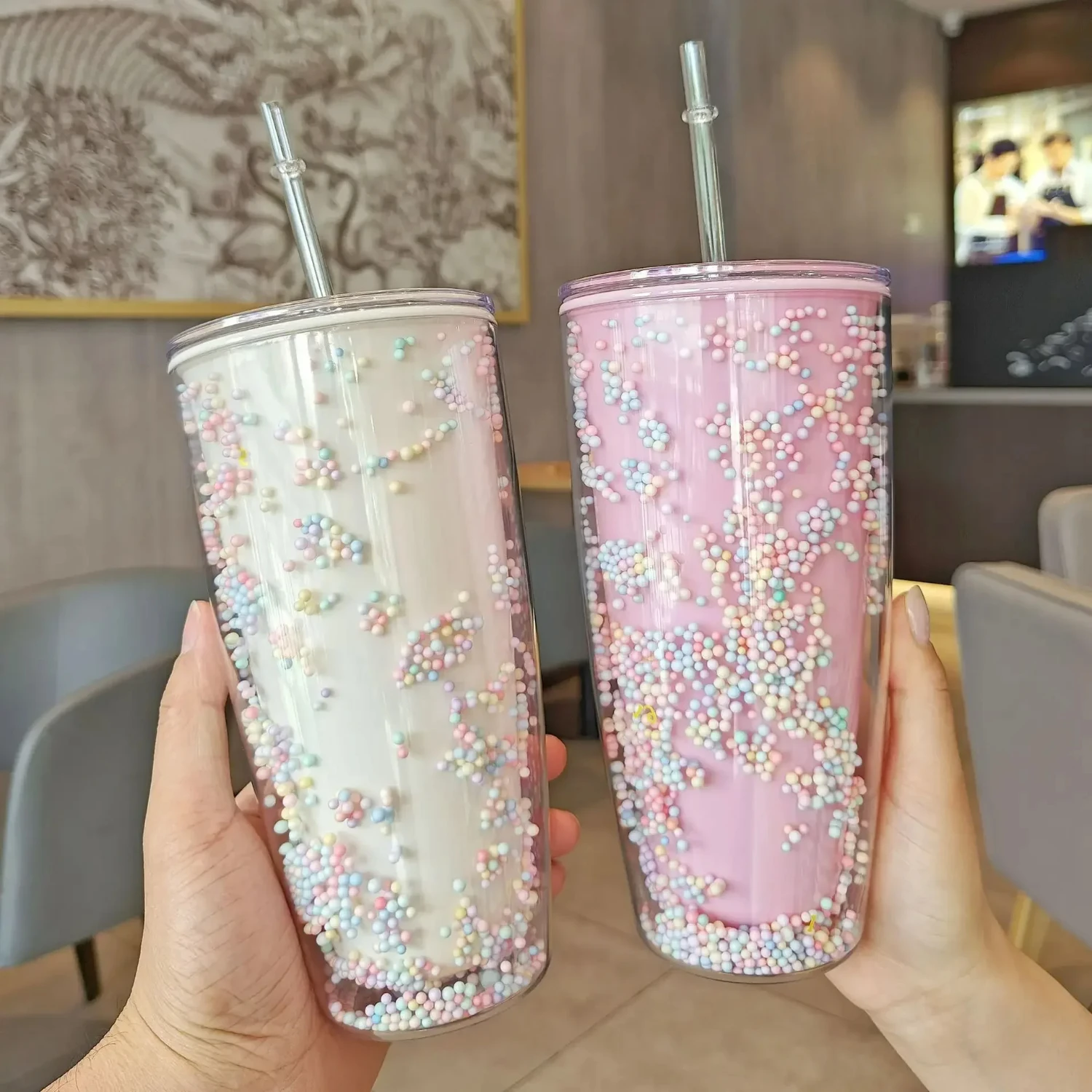 Large 780ml Cute Kawaii Macaron Double Wall Plastic Water Bottle with Straws for Girls and Women - Bubbles Cups Tumbler Drinkwar