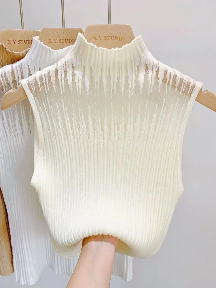 Mesh Knitted Top Women Y2K Tank Top Vest Female Sleeveless Sweater Chic Cut Out Streetwear Solid Skinny White Tube Top 2024