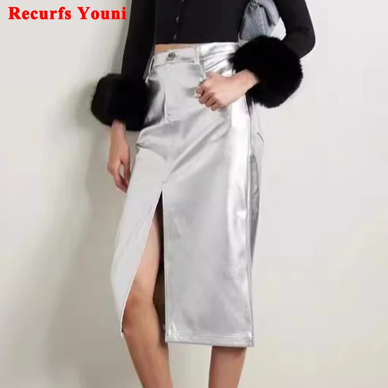 

Saia de Couro Feminina Top Quality Women Gnuine Leather Silver Skirt Female Metallic Slim Fit Casual Wrap Jupe Front Split Jupe