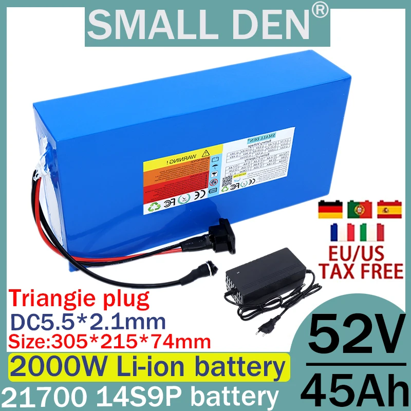 New 52V 45ah 21700 lithium battery 14S9P with built-in 40A Bms 0-2000W high-power motor electric vehicle+2A 3A 5A charger