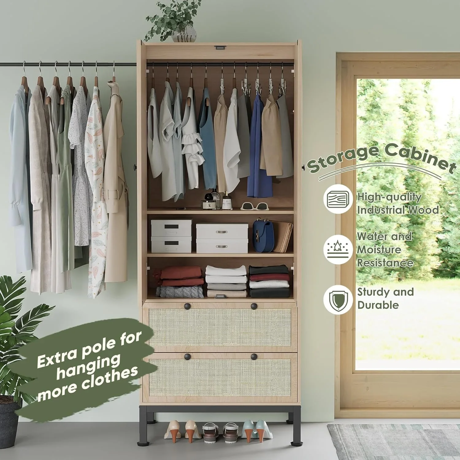 

A Rattan Armoire Storage Cabinet with Doors, Adjustable Shelves and Drawers, Large Wooden Wardrobe w/2 Hanging Rods,Natural/Mint