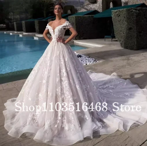 Robe de mariée trapèze en dentelle, épaules dénudées, avec des appliques élégantes, grande taille, décolleté en V profond, personnalisée, nouvelle collection