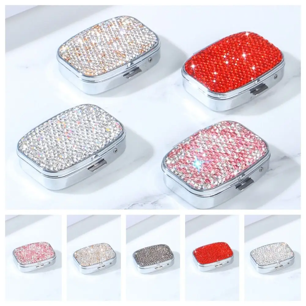 Caja de joyería portátil con espejo HD con incrustaciones de diamantes de imitación, Mini pastillero impermeable, caja de almacenamiento brillante multifuncional para viaje
