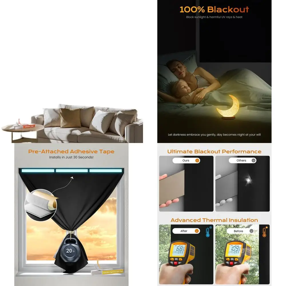 2-Pack Easy Install Blackout Curtains, No Drill Needed, 100% Light Blocking for Bedrooms, RVs, Nurseries - 48x84