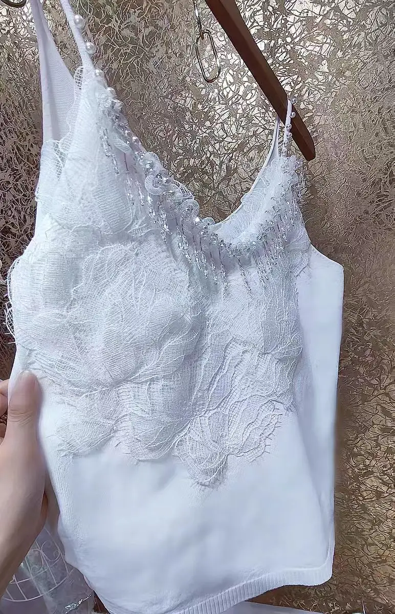 Luxury Beaded Crystal Tassel 2025 Summer Camisole Slim Vest Sexy Women Sleeveless Tee Tank Tops Female Solid White Crop Tops Y2k