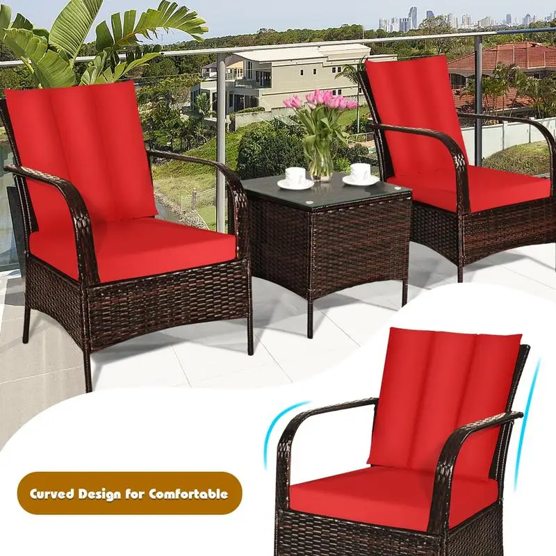 

3 Pcs Patio Conversation Rattan Furniture Set with Glass Top Coffee Table and Cushions-Red