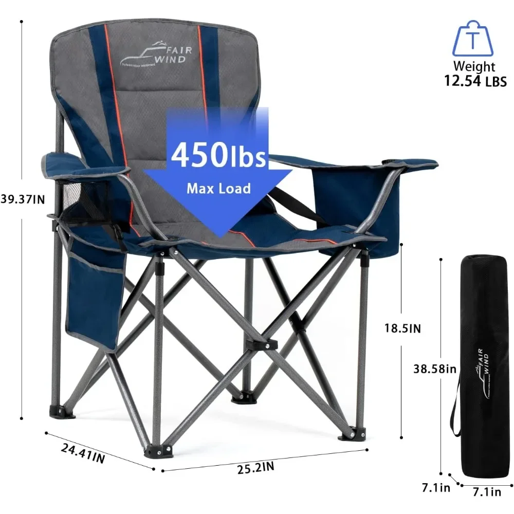 Padded Camping Chair with Lumbar Support, Heavy Duty Quad Fold Arm Chair with Cooler Bag, Folding Chair