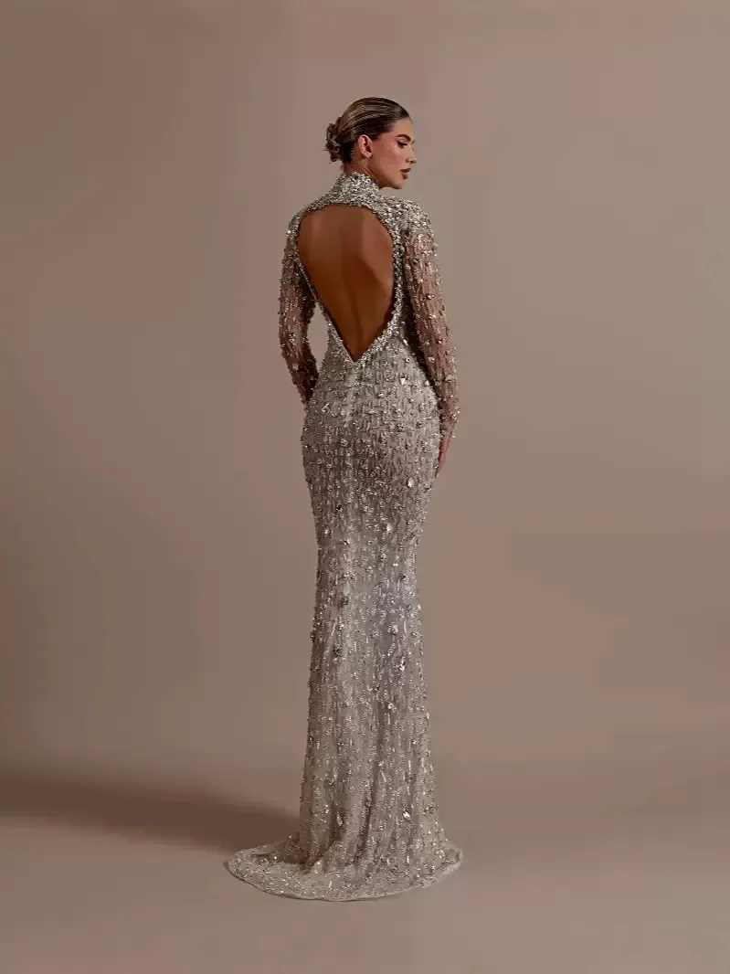 

Sparkly crystal beaded mermaid prom dress high neck long sleeves evening dresses formal gown for women hollow back long dresses