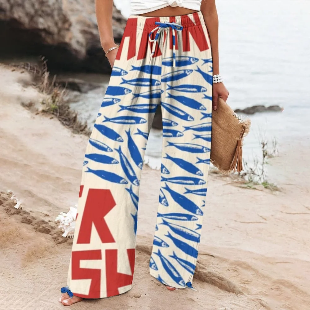 Women's Cotton Casual Straight-Leg Pants Pocket Design Loose Drawstring Strap Wide-Leg Pants Sardine Graffiti Beach Pants Chic