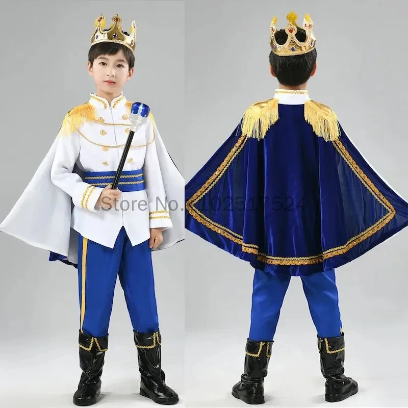 

Deluxe 7pcs Kids Prince Costume Set Medieval King Jacket with Cape Pants Crown Mace Suit for Boys Halloween Party