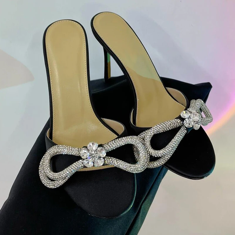 

Женская обувь с бантом и кристаллами, сандалии с открытой пяткой и открытым носком, уличные слипоны, Zapatos Mujer, летние тапочки на тонком каблуке