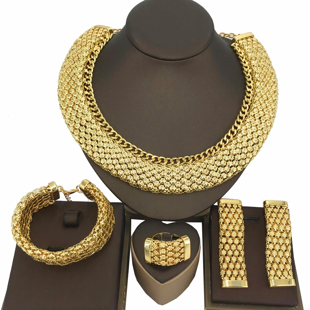 

Yuminglai Elegant Dubai Gold-Plated Jewelry Set Unique Women Necklaces Earrings Ring Bracelet 4pcs Jewelry Set FHK15632