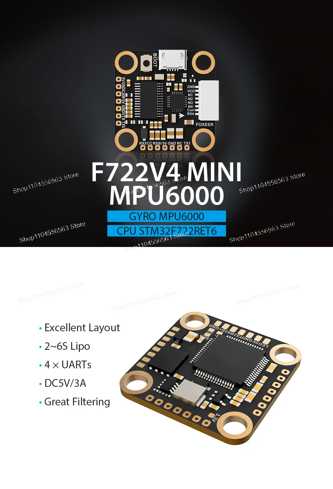 F722 V4 Mini Flight Controller MPU6000 8K Refresh Rate Low Latency for 2-6S FPV Racing Drone