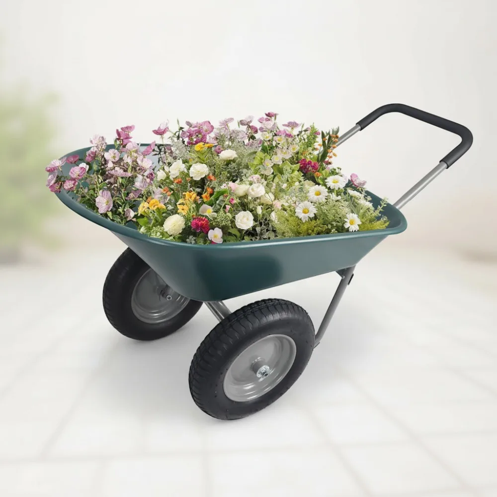 

Heavy Duty Dual Wheel Garden Cart with Built-in Stand, Easy Maneuver Utility Wheelbarrow for Home Yard Gardening