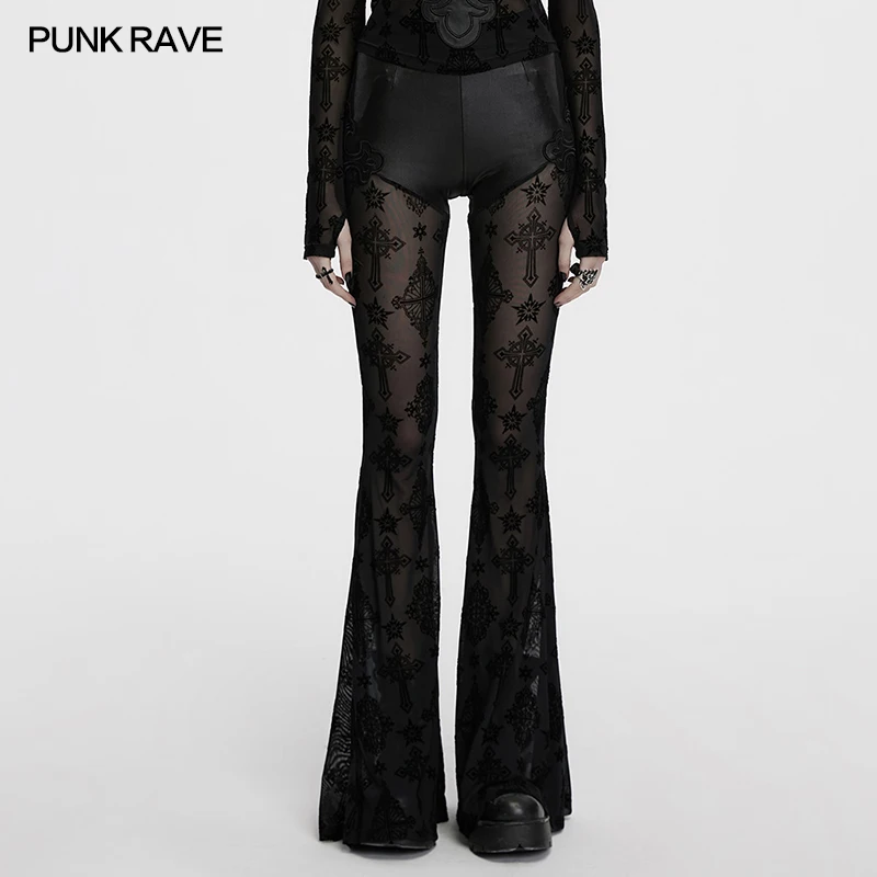 PUNK RAVE Women's Cross Patterned Flocking Embroidered Flare Pants Punk Daily Thin Women Dark Trousers Spring/Autumn