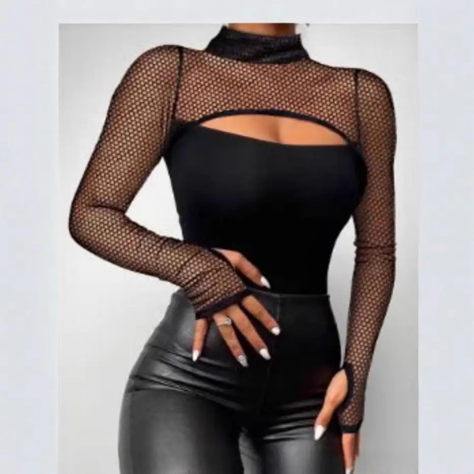 

Women's Sexy Hollow Me Patchwork Chest Tight Super Thin Polyester Fiber Knitted Sweater Single Piece Spring 2025 Pure Color