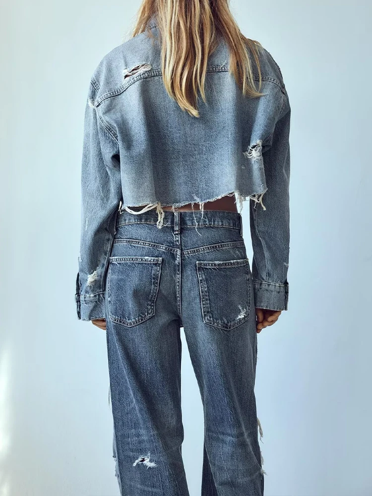 منتجات صيفية جديدة على الطراز الأوروبي والأمريكي ملابس نسائية بفتحة قصيرة من قماش الدنيم وسترة جينز مستقيمة متوسطة الخصر #2