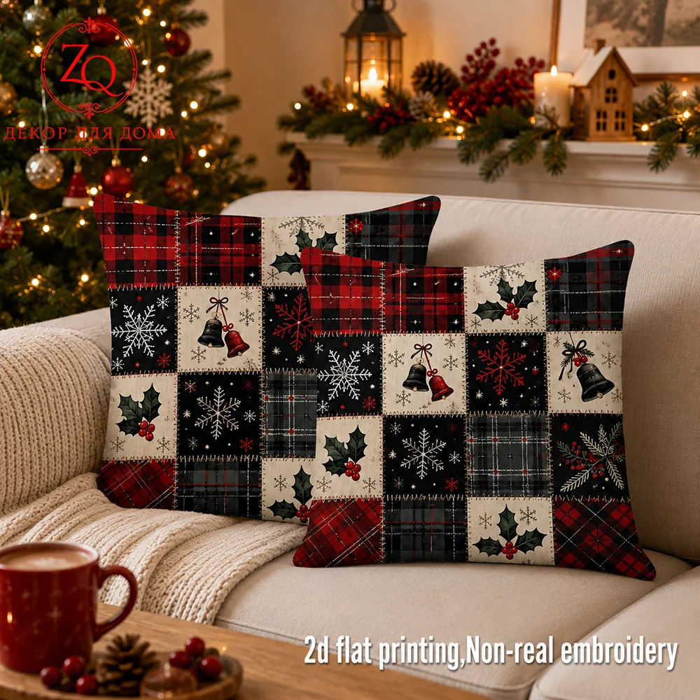 Red Black Plaid Snowflake Bell Peach Skin Throw Pillow Cover 2D Flat Printed Sofa Cushion Case Living Room Decor Xmas