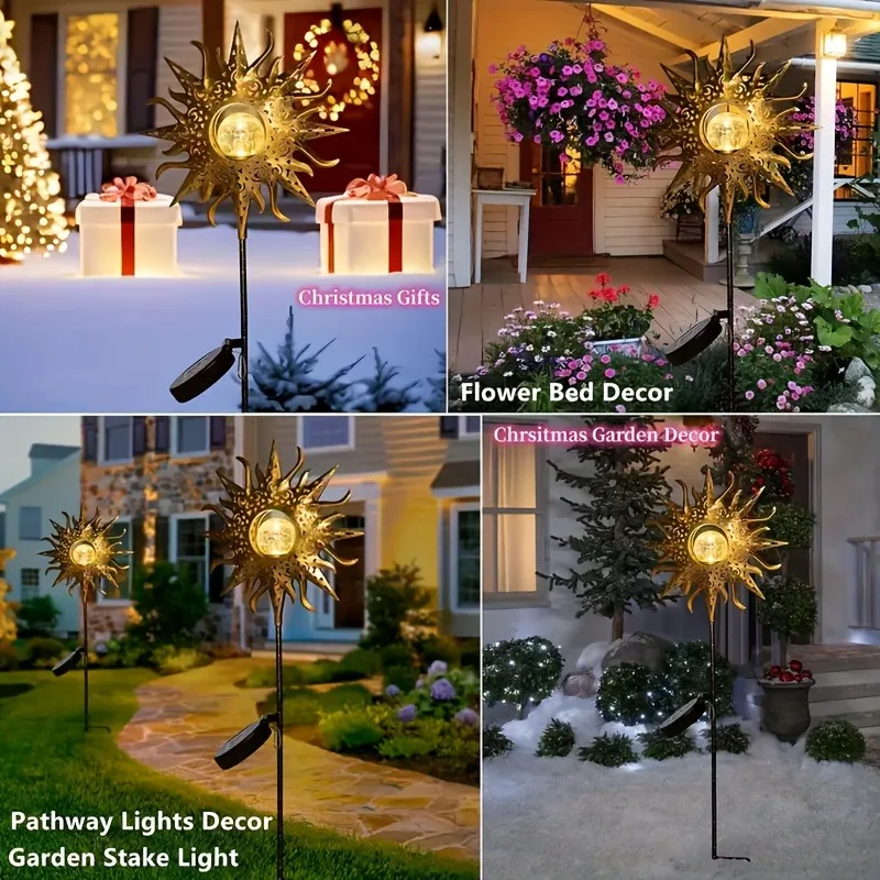 1PC พลังงานแสงอาทิตย์รูปปั้นดวงอาทิตย์ Light, Cracked Glass Ball LED Garden Decor-IP65 กันน้ําสําหรับ Courtyard/สนามหญ้า/ลาน/เส้นทาง (Warm White)
