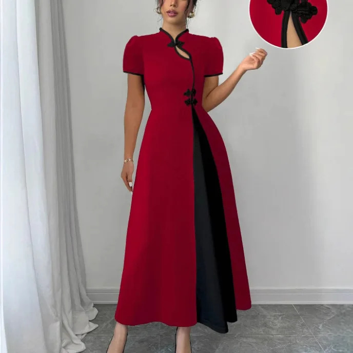 Dresses Women Party Long Dress Patchwork Puff Sleeve Stand Collar Button Tight Waist A Line Female Vestidos Summer Maxi Gown image 2