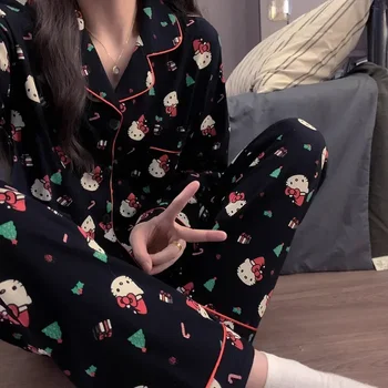 Pijamas Sanrio de dibujos animados de algodón puro, conjunto de dos piezas, ropa de descanso de Hello Kitty para mujer, conjunto de pantalones de pijama Sanrio, pijamas de Hello Kitty