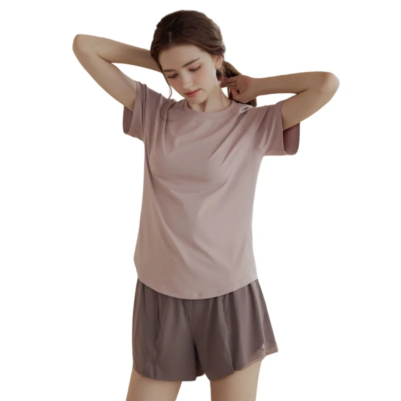 Thin Breathable Sports Top Loose Yoga Fitness Costume Round Neck Short Sleeved T-shirt Quick Drying Clothing for Women in Summer