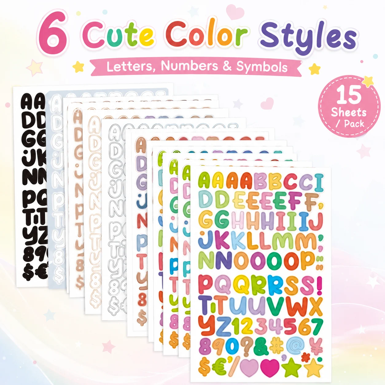 PET Alphabet Letter Stickers 15 Sheets Colorful Number Symbol Stickers Waterproof Self Adhesive for Scrapbook Planner Journal