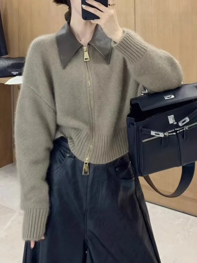 

Polo Leather Collar Knitted Cardigan Fashion Zipper Knitwear Korean Chic Sweater Coat Women Vintage Knit Long Sleeve Streetwear