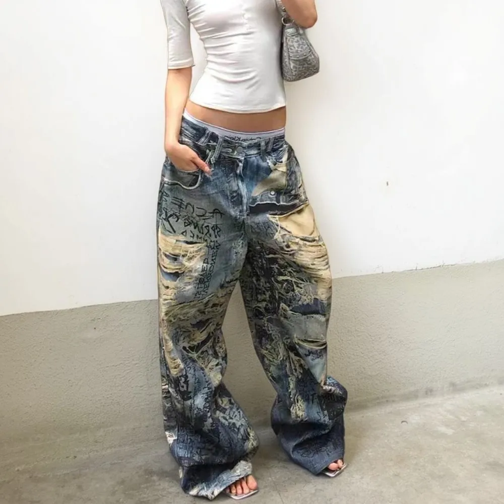 شيك موضة المرأة ثلاثية الأبعاد جينز مطبوع الأمريكية الرجعية القذرة عالية الخصر عادية الدينيم السراويل الإناث العصرية Harajuku نمط الشارع