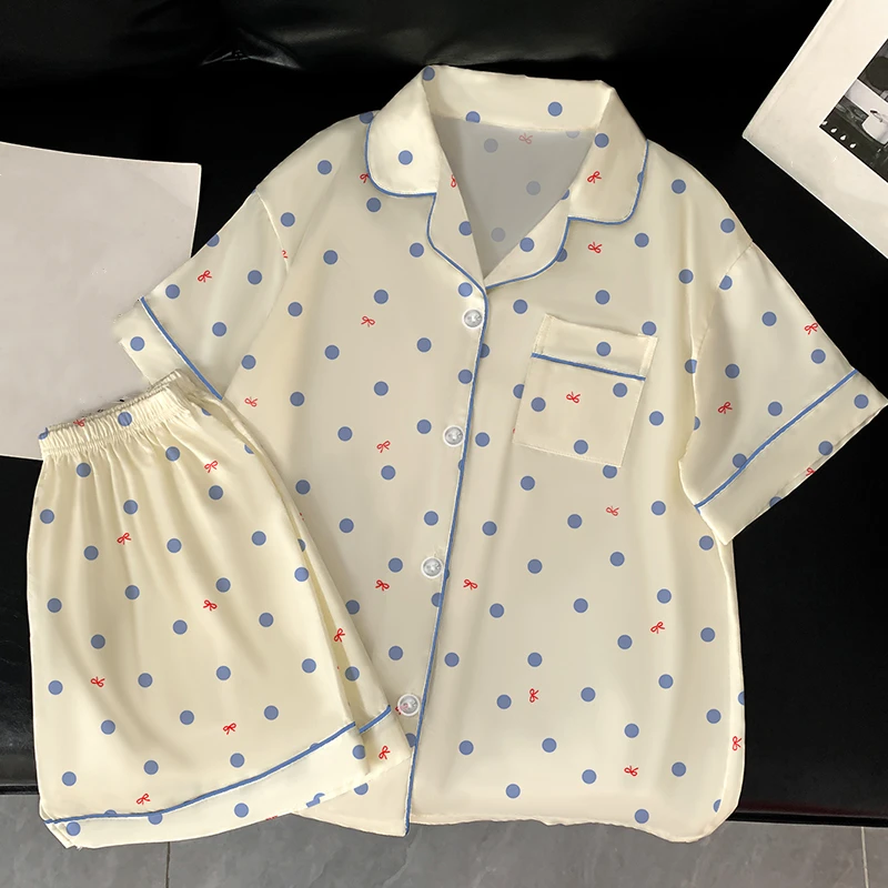 دوت ربطة القوس فيونكة لطيف طباعة منامة مجموعة للنساء جماليات فرنسية قصيرة جديدة ملابس خاصة امرأة الصيف موضة Y2K مجموعة بيجامات بسيطة #1