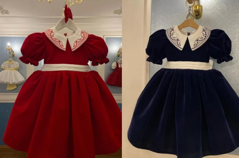 

0-12Y Baby Girl Autumn Red Blue Velvet Collar Embroidery Vintage Princess Dress for Christmas Birthday Holiday Eid C168