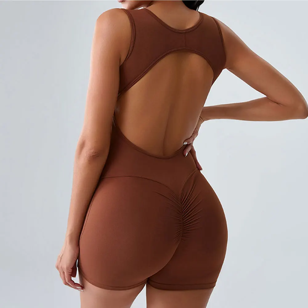 Sleeveles Bodysuits Women Gym Push Up Workout Clothes Backless Scrunch Fitness Sports Yoga Bodysuit Shorts One-Piece Yoga Suit