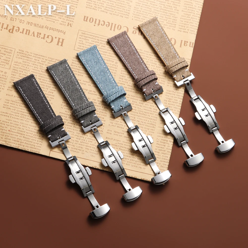 Denim Sailcloth Watchbands Leather Watch Strap 18mm 20mm 22mm for Seiko for Omega Band Women Men Sport Belt Butterfly Buckle view 5