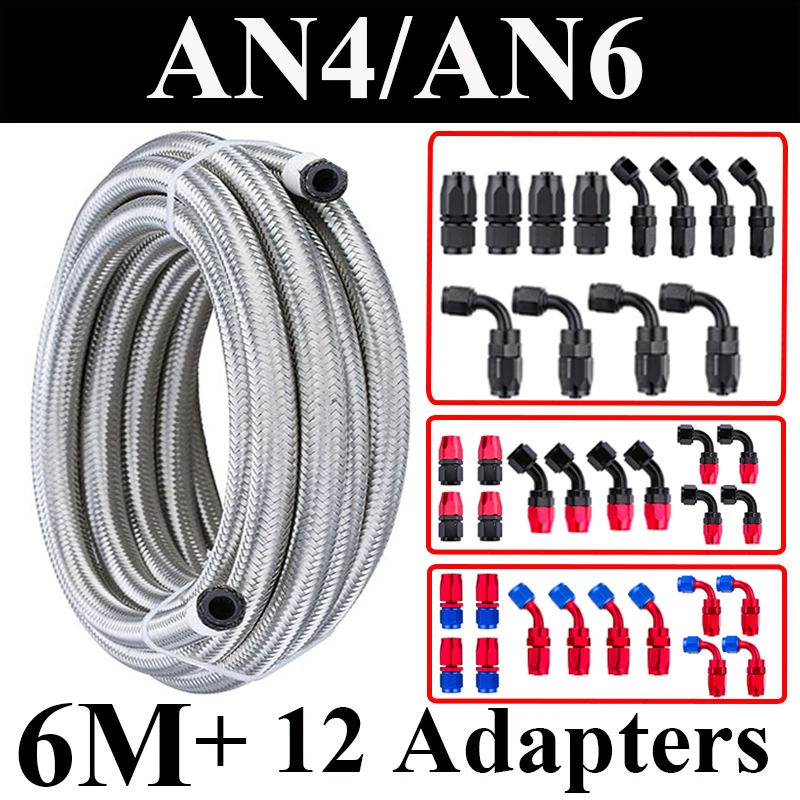 6M AN4 AN6 Fuel Hose Oil Gas Cooler Hose Line Pipe Tube Stainless Steel CPE Rubber 4x0 4x45 4x90 Degree Hose End Fitting Adapter