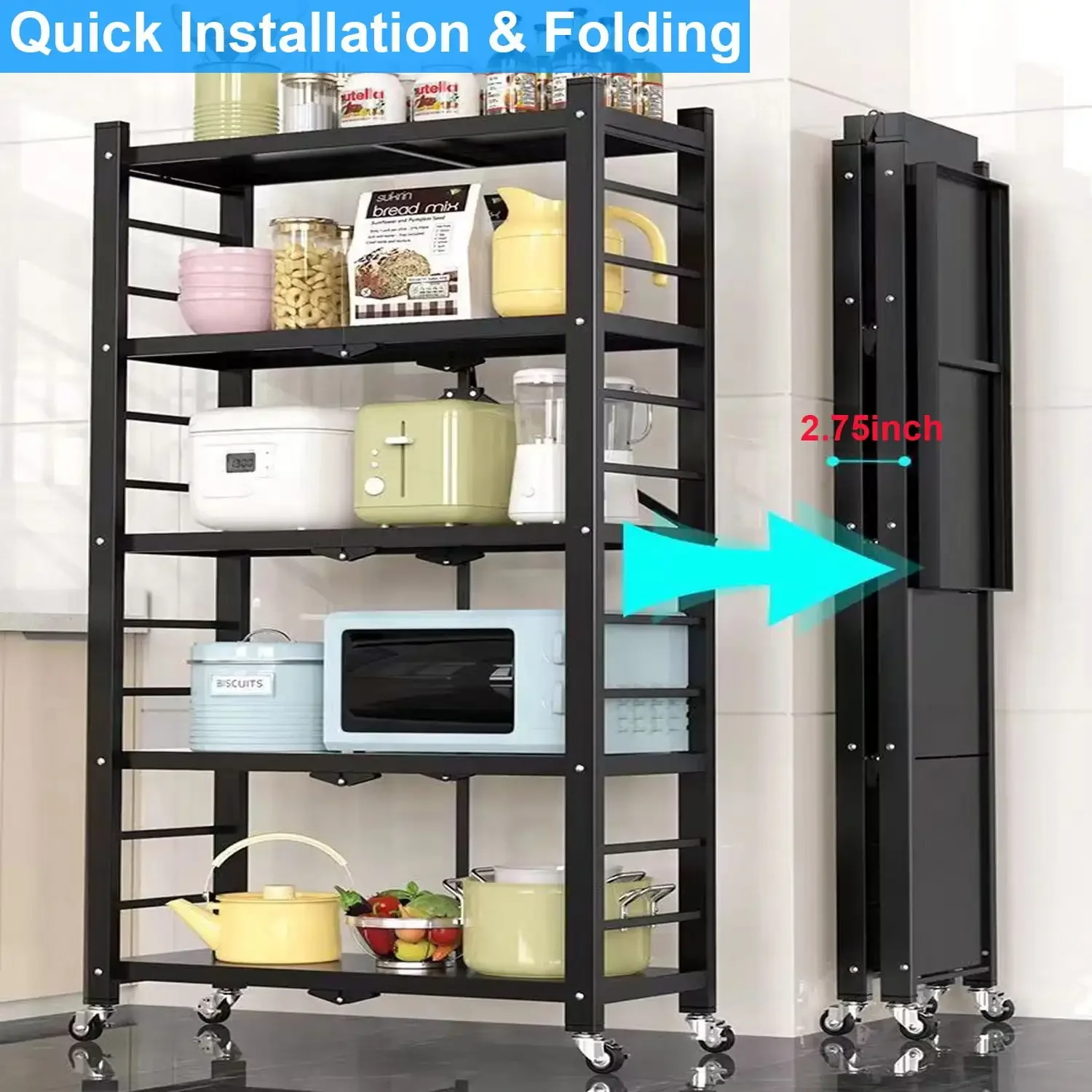 5-Tier Storage Shelving Unit, Foldable Storage Shelves Wire Shelving Unit Adjsutable Shelf Heavy Metal Shelf