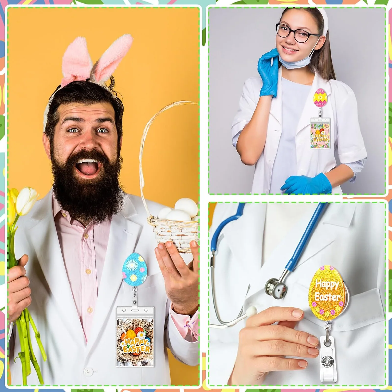 حامل شارة قابل للسحب على شكل بيضة عيد الفصح، بكرة شارة أكريليك للممرضة، الطبيب، الطالب، المعلم الإبداعي للمكتب والمدرسة هدية عيد الفصح #4