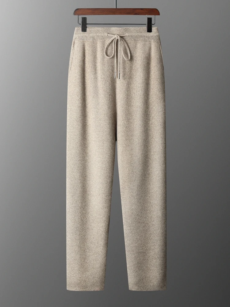 

MEETCC Men's 100% Cashmere Pencil Pants Autumn Winter Thick Warm Smart Casual Trousers Elastic Waist Luxury Cozy Chic Pants