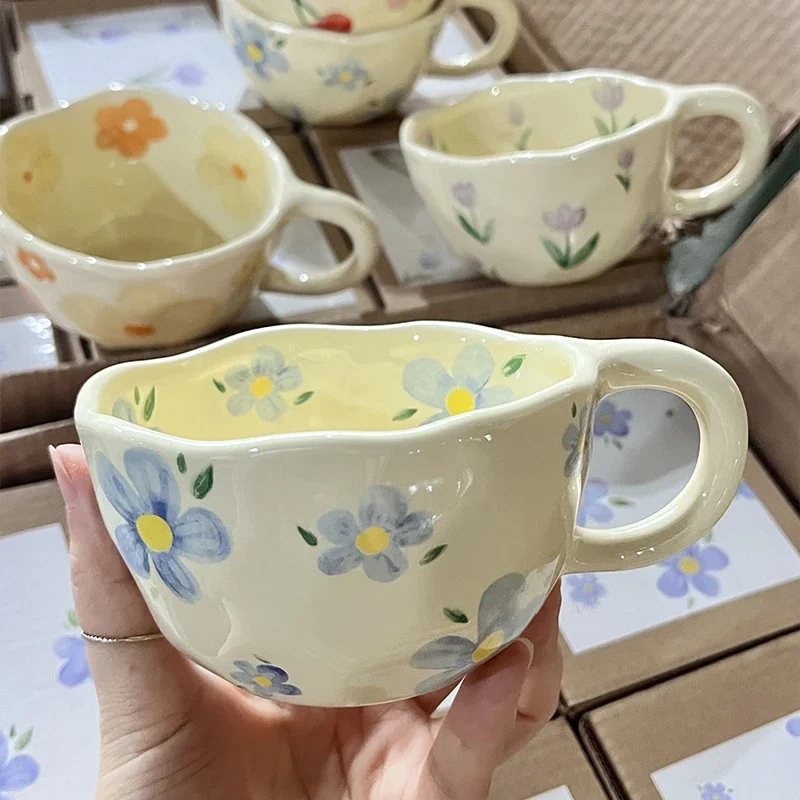 Kubki ceramiczne filiżanki do kawy ręcznie uszczypnięte nieregularne filiżanka do mleka i herbaty kwiatowe w koreańskim stylu płatki owsiane kubek śniadaniowy kuchni