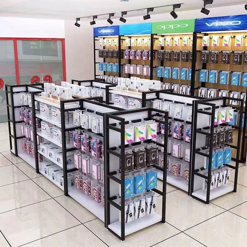 

custom，Cheap electronic product display stand shop double side mobile accessories shelving metal phone display shelf