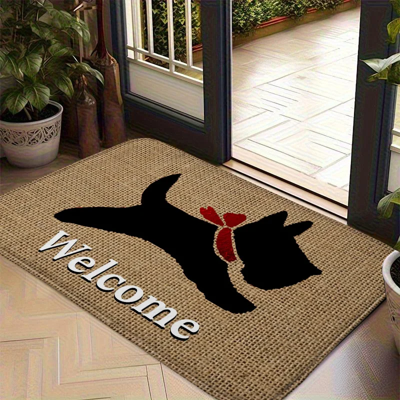 Divertido Tapete de Entrada con Diseño de Perro Scottie, Terrier Escocés con Bufanda Roja, Alfombra de Bienvenida con Lindo Perro para Decoración del Hogar