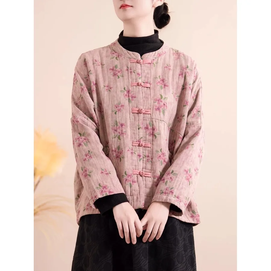 الرجعية الصينية Sle الأزهار طباعة خفيفة الوزن القطن Jaet ort ملابس خارجية الخريف الشتاء حجم كبير جديد الصينية Sle الوقوف C... #3